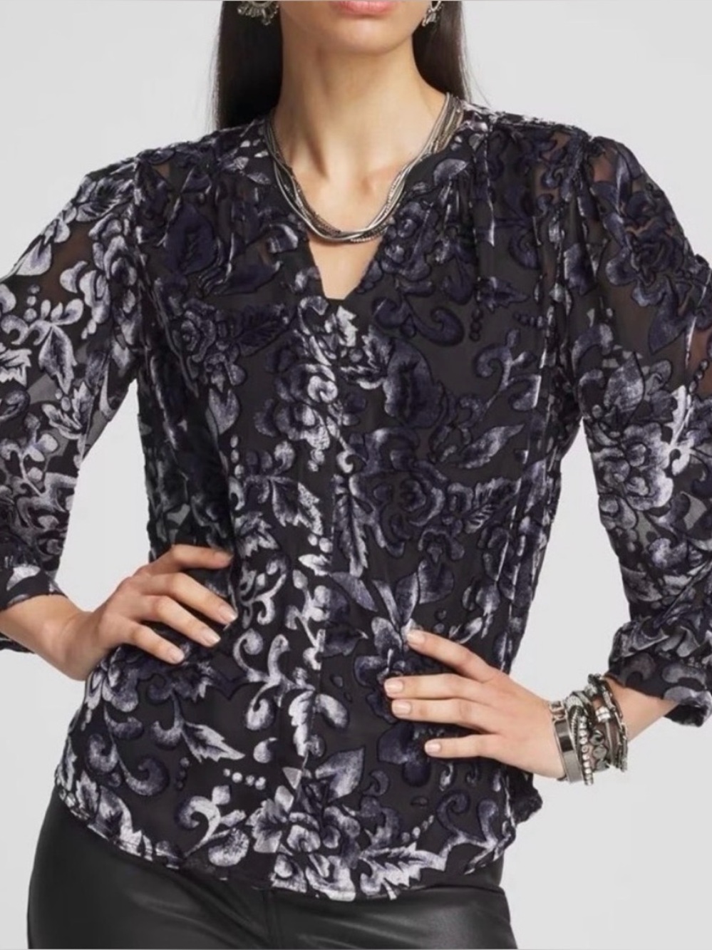 Chico's Black Floral Burnout Button-Front Blouse Sz 16